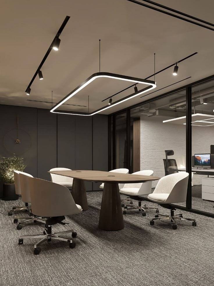 Conference room set for a full table