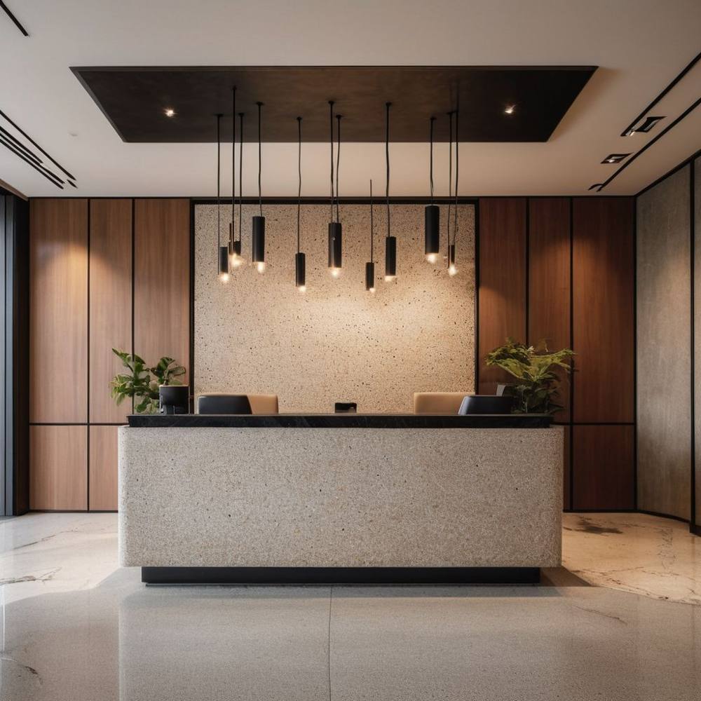Reception lobby with stone flooring