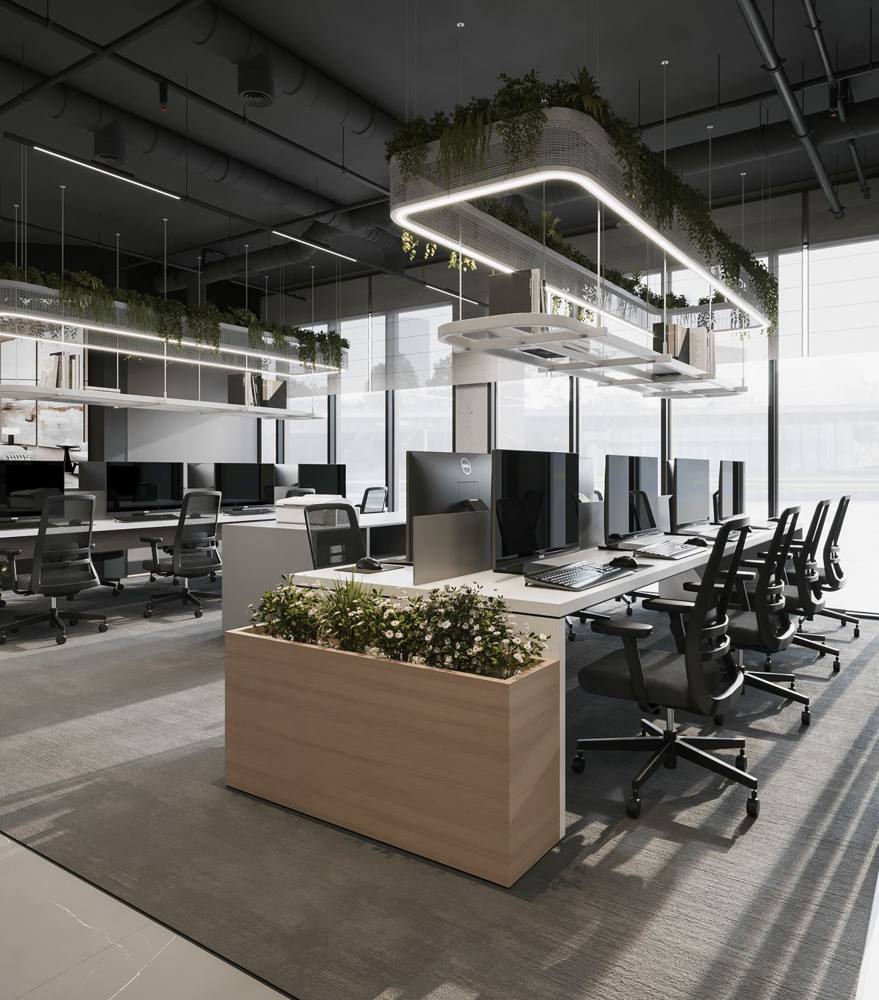 Open workspace with planter screening